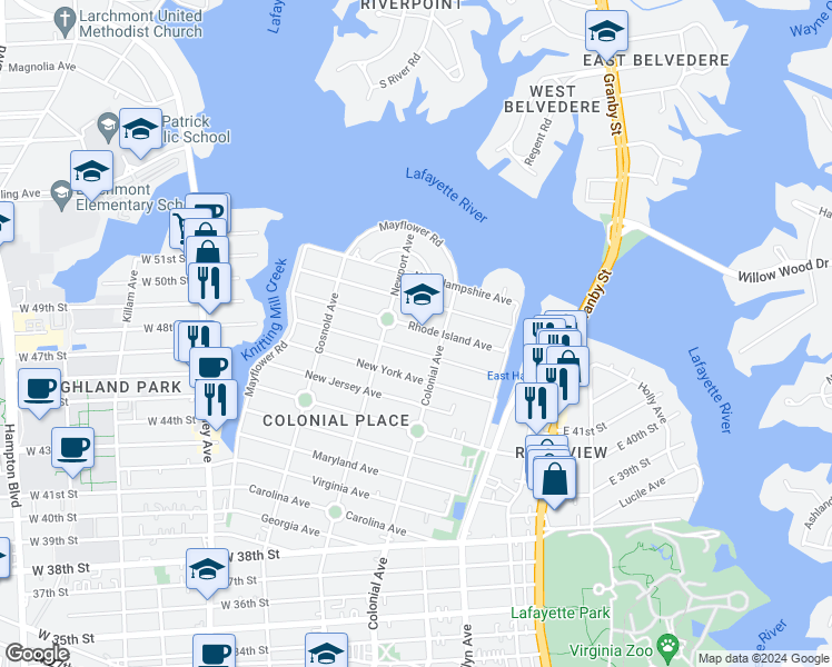 map of restaurants, bars, coffee shops, grocery stores, and more near 523 Rhode Island Avenue in Norfolk