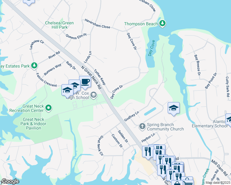 map of restaurants, bars, coffee shops, grocery stores, and more near 1612 Dey Cove Drive in Virginia Beach