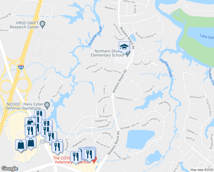 map of restaurants, bars, coffee shops, grocery stores, and more near 6406 Coxley Lane in Suffolk
