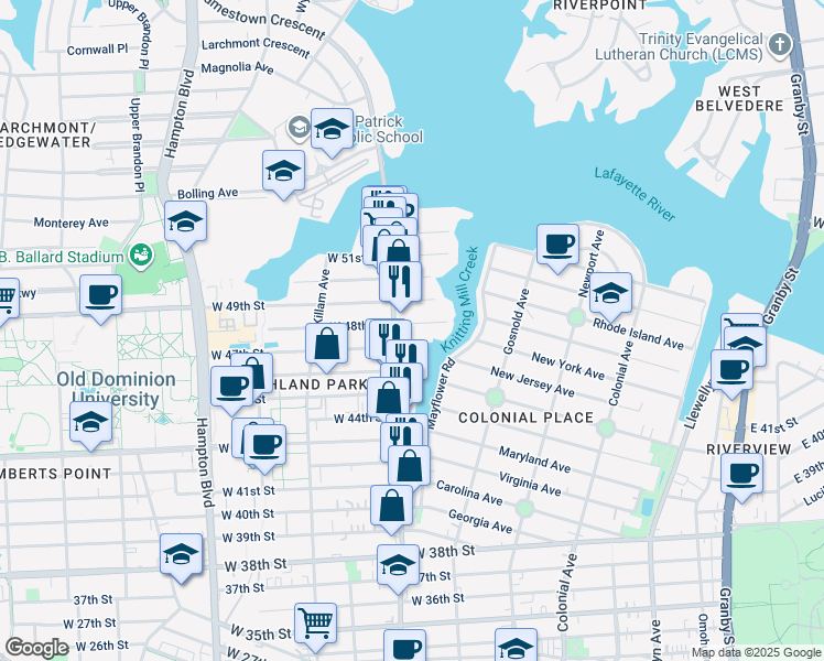 map of restaurants, bars, coffee shops, grocery stores, and more near 793 West 48th Street in Norfolk