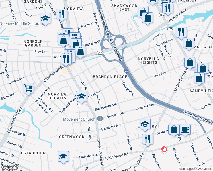 map of restaurants, bars, coffee shops, grocery stores, and more near 4880 Texas Avenue in Norfolk