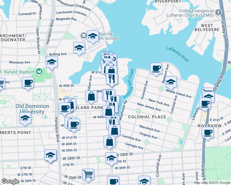 map of restaurants, bars, coffee shops, grocery stores, and more near 793 West 48th Street in Norfolk
