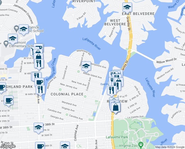 map of restaurants, bars, coffee shops, grocery stores, and more near 4900 Colonial Avenue in Norfolk