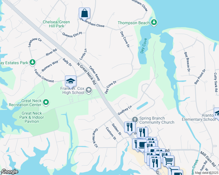 map of restaurants, bars, coffee shops, grocery stores, and more near 1612 Dey Cove Drive in Virginia Beach