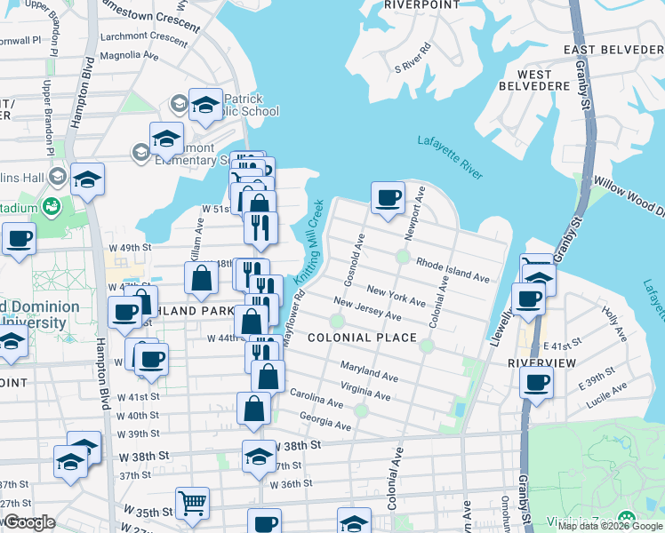map of restaurants, bars, coffee shops, grocery stores, and more near 4708 Mayflower Road in Norfolk