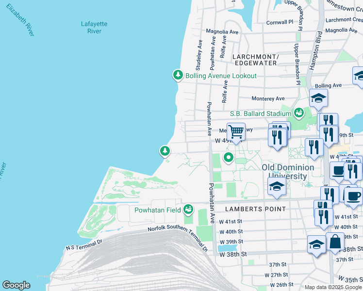 map of restaurants, bars, coffee shops, grocery stores, and more near 1709 49th Street in Norfolk