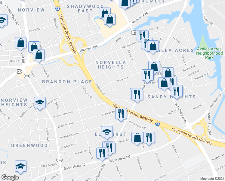 map of restaurants, bars, coffee shops, grocery stores, and more near 3417 Johns Street in Norfolk
