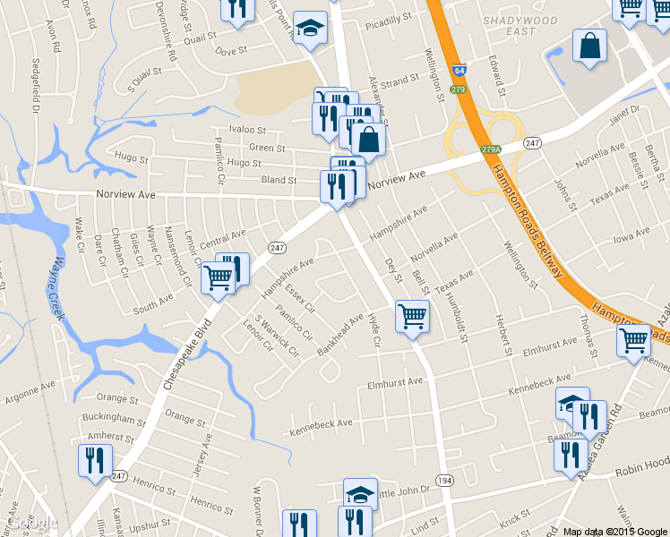 map of restaurants, bars, coffee shops, grocery stores, and more near 3624 Sharpley Avenue in Norfolk
