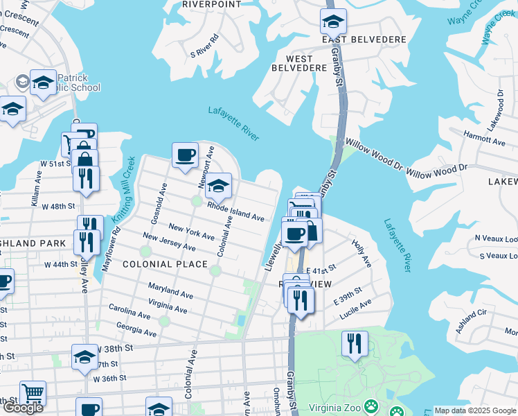 map of restaurants, bars, coffee shops, grocery stores, and more near 415 Rhode Island Avenue in Norfolk