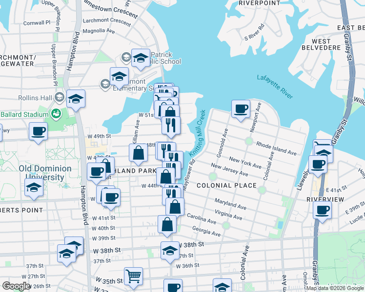 map of restaurants, bars, coffee shops, grocery stores, and more near in Norfolk
