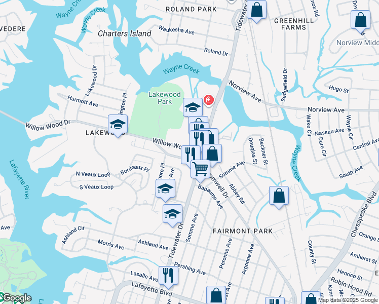 map of restaurants, bars, coffee shops, grocery stores, and more near 1743 Willow Wood Drive in Norfolk
