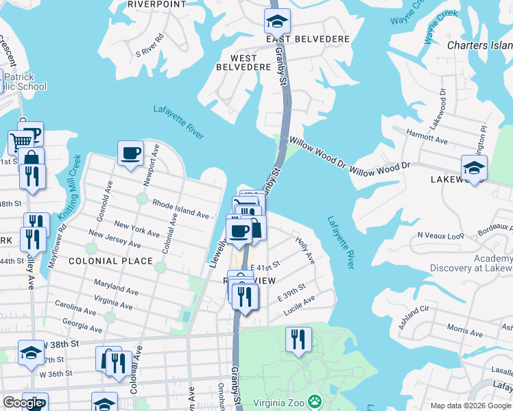 map of restaurants, bars, coffee shops, grocery stores, and more near 4250 U.S. 460 in Norfolk