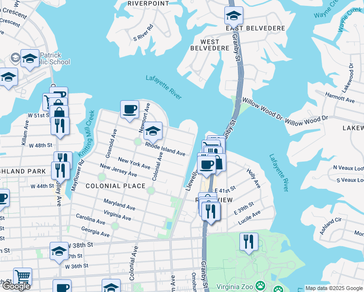 map of restaurants, bars, coffee shops, grocery stores, and more near 415 Rhode Island Avenue in Norfolk