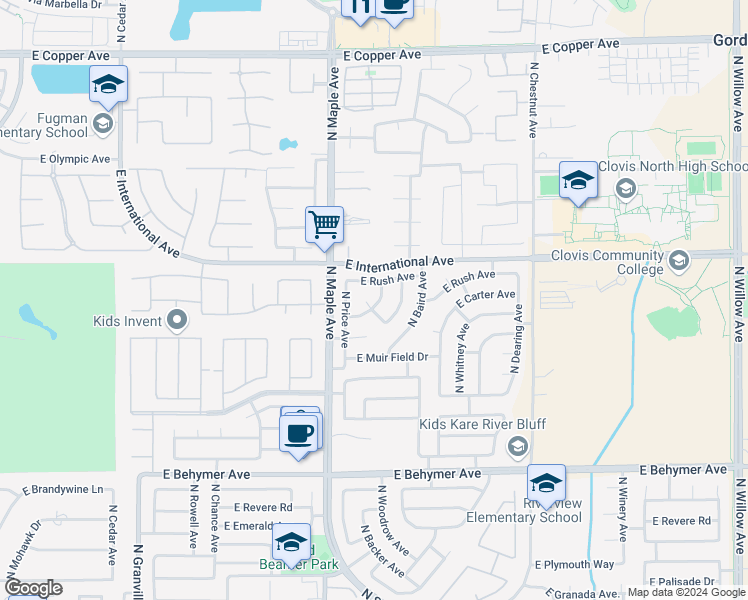 map of restaurants, bars, coffee shops, grocery stores, and more near 2088 East Emilie Avenue in Fresno