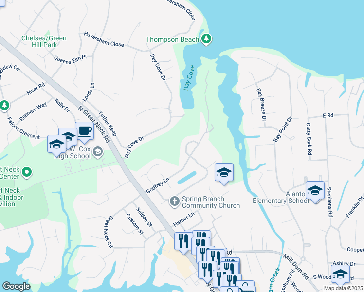 map of restaurants, bars, coffee shops, grocery stores, and more near 1513 Chandon Crescent in Virginia Beach