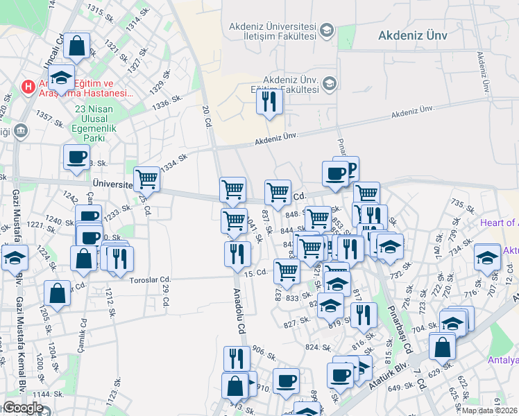 map of restaurants, bars, coffee shops, grocery stores, and more near 74 Üniversite Caddesi in Konyaaltı