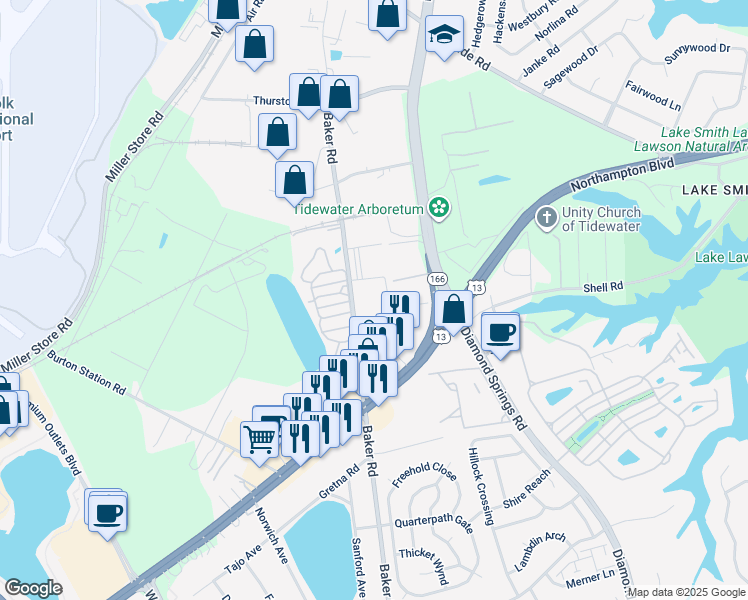 map of restaurants, bars, coffee shops, grocery stores, and more near 1276 Baker Road in Virginia Beach