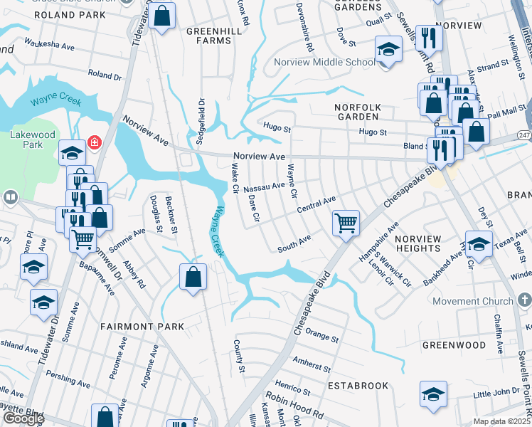 map of restaurants, bars, coffee shops, grocery stores, and more near 3779 Dare Circle in Norfolk