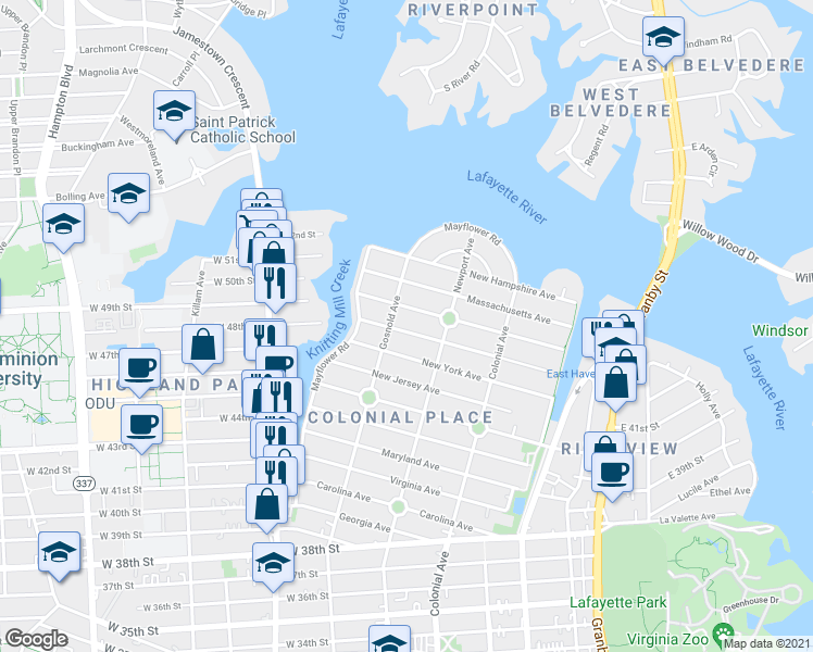 map of restaurants, bars, coffee shops, grocery stores, and more near 636 New York Avenue in Norfolk