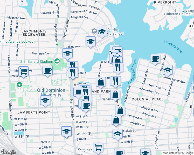 map of restaurants, bars, coffee shops, grocery stores, and more near 1016 West 47th Street in Norfolk