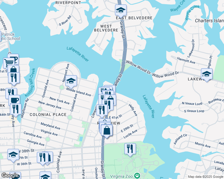map of restaurants, bars, coffee shops, grocery stores, and more near 4229 Granby Street in Norfolk