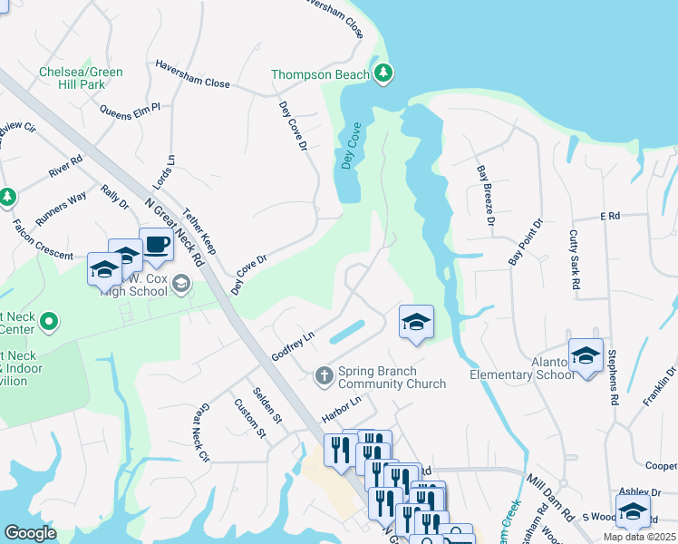 map of restaurants, bars, coffee shops, grocery stores, and more near 1513 Chandon Crescent in Virginia Beach
