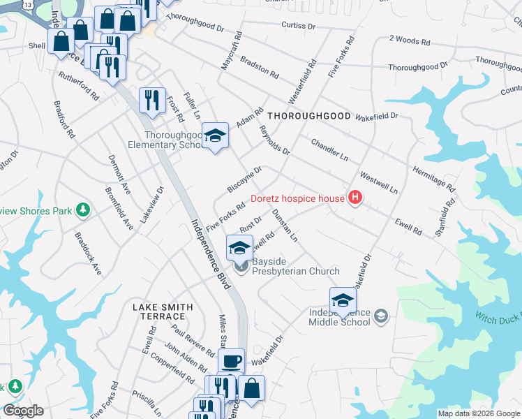 map of restaurants, bars, coffee shops, grocery stores, and more near 1417 Rust Drive in Virginia Beach