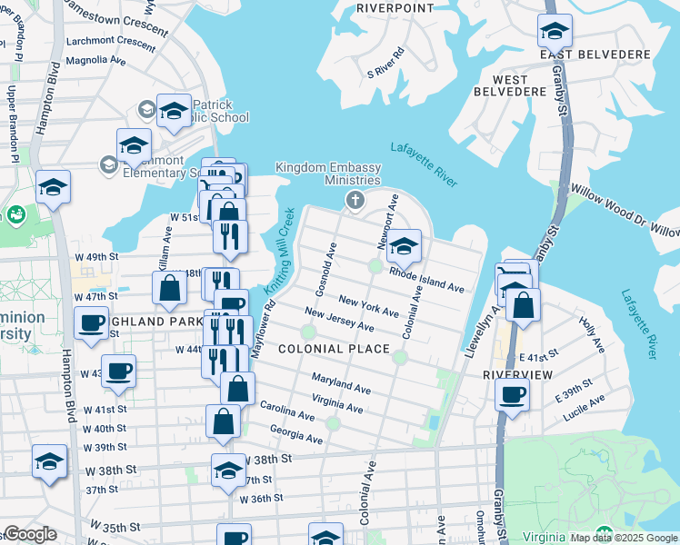 map of restaurants, bars, coffee shops, grocery stores, and more near 634 Connecticut Avenue in Norfolk