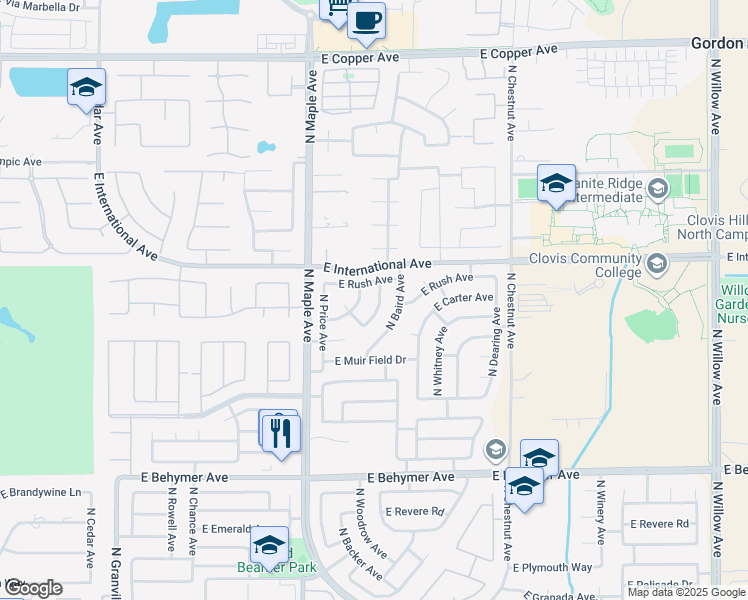 map of restaurants, bars, coffee shops, grocery stores, and more near 10419 North Woodrow Avenue in Fresno