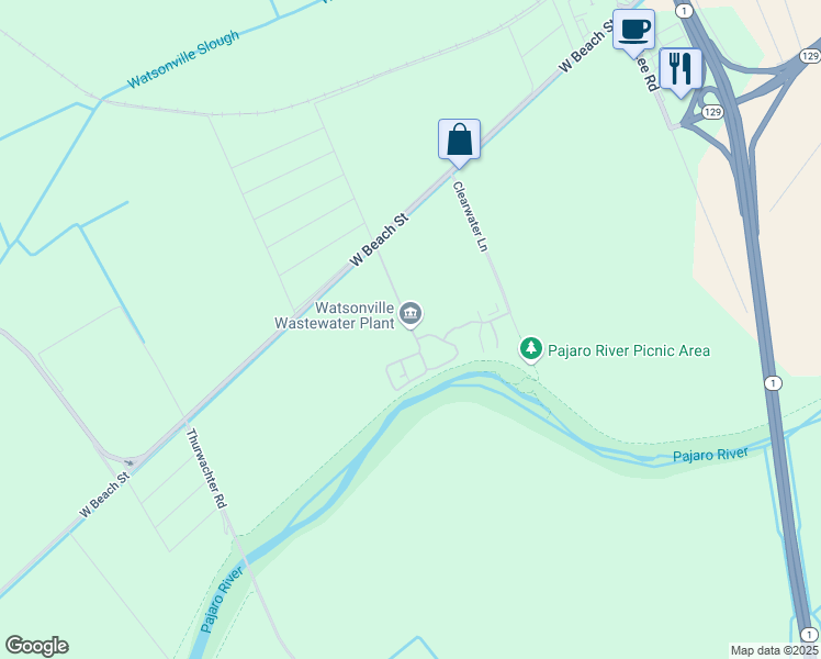 map of restaurants, bars, coffee shops, grocery stores, and more near 401 Panabaker Road in Watsonville