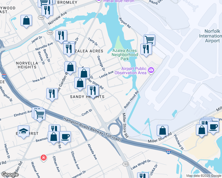 map of restaurants, bars, coffee shops, grocery stores, and more near 5801 Hartwick Drive in Norfolk
