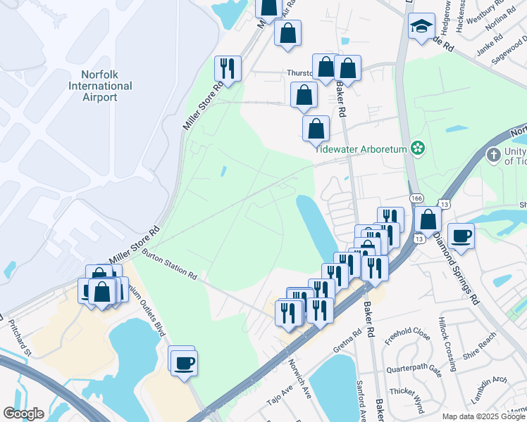map of restaurants, bars, coffee shops, grocery stores, and more near 5718-5816 Sandpit Road in Virginia Beach