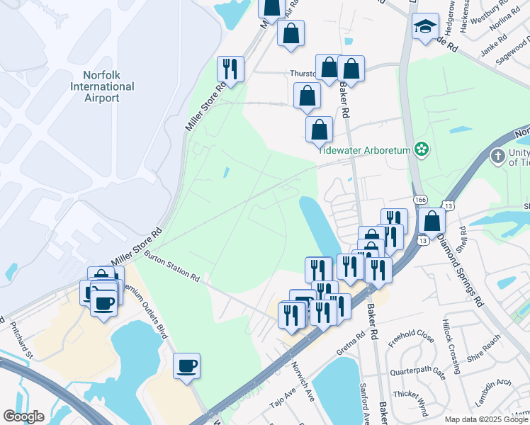 map of restaurants, bars, coffee shops, grocery stores, and more near 5718-5816 Sandpit Road in Virginia Beach
