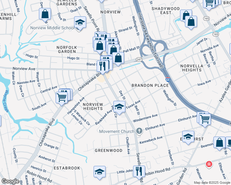 map of restaurants, bars, coffee shops, grocery stores, and more near 3638 Sewells Point Road in Norfolk