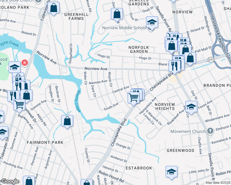 map of restaurants, bars, coffee shops, grocery stores, and more near 3810 Nansemond Circle in Norfolk