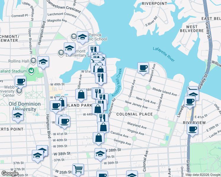 map of restaurants, bars, coffee shops, grocery stores, and more near 701 West 49th Street in Norfolk