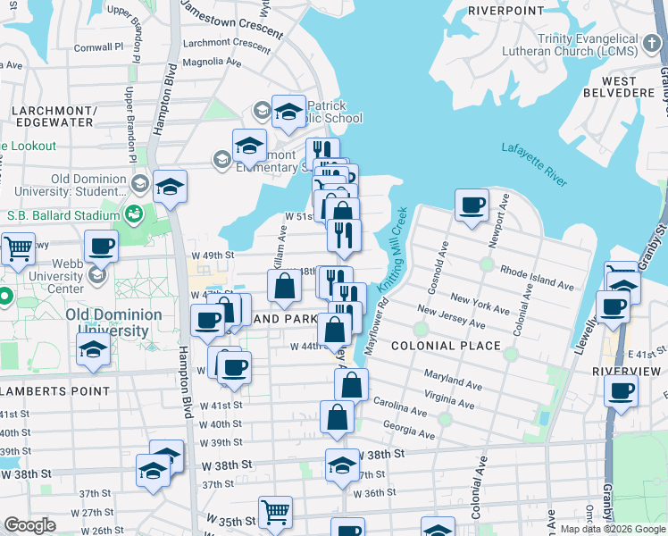 map of restaurants, bars, coffee shops, grocery stores, and more near 818 West 49th Street in Norfolk