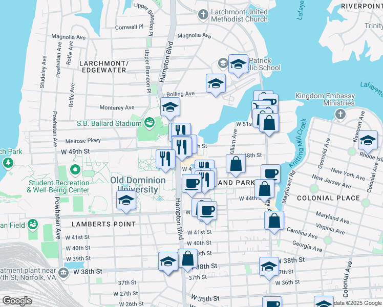 map of restaurants, bars, coffee shops, grocery stores, and more near 4902 Hampton Boulevard in Norfolk