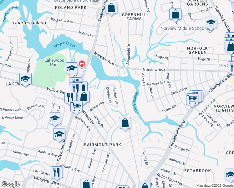 map of restaurants, bars, coffee shops, grocery stores, and more near 5428 Beckner Street in Norfolk