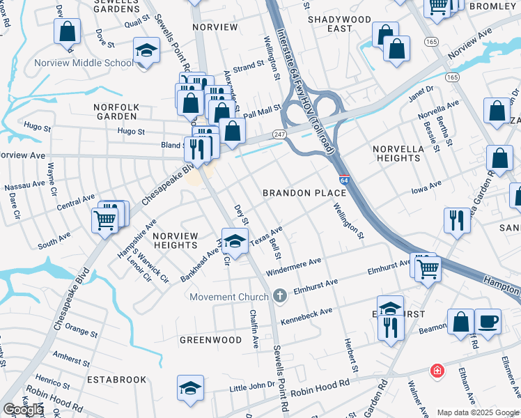 map of restaurants, bars, coffee shops, grocery stores, and more near 4843 Norvella Avenue in Norfolk