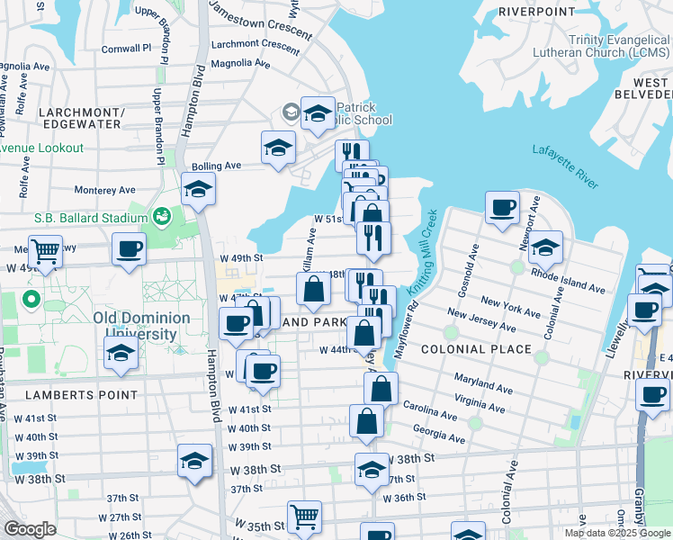 map of restaurants, bars, coffee shops, grocery stores, and more near 832 West 48th Street in Norfolk