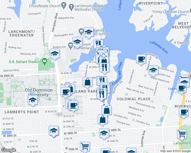 map of restaurants, bars, coffee shops, grocery stores, and more near 826 West 48th Street in Norfolk
