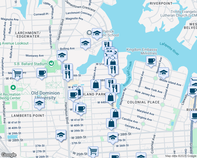 map of restaurants, bars, coffee shops, grocery stores, and more near 848 West 48th Street in Norfolk