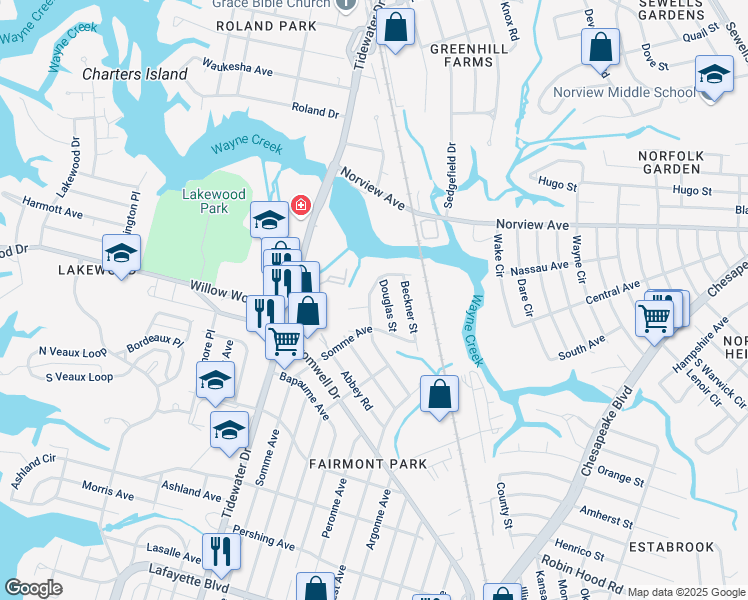 map of restaurants, bars, coffee shops, grocery stores, and more near 5433 Silbert Road in Norfolk