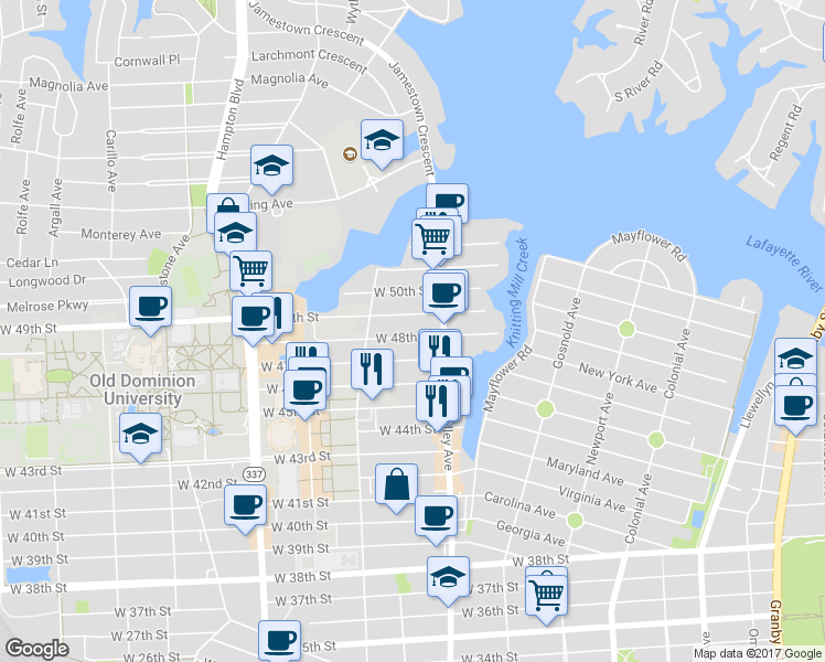 map of restaurants, bars, coffee shops, grocery stores, and more near 826 West 48th Street in Norfolk