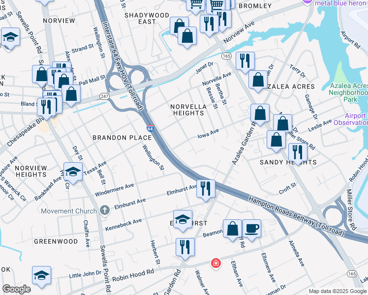 map of restaurants, bars, coffee shops, grocery stores, and more near 5221 Iowa Avenue in Norfolk