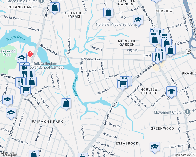 map of restaurants, bars, coffee shops, grocery stores, and more near 3824 Giles Circle in Norfolk