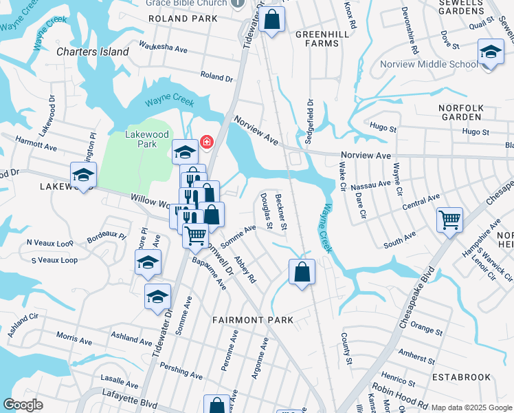map of restaurants, bars, coffee shops, grocery stores, and more near 5433 Silbert Road in Norfolk