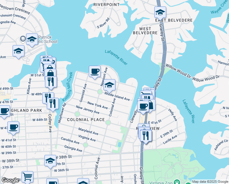 map of restaurants, bars, coffee shops, grocery stores, and more near 5007 Colonial Avenue in Norfolk
