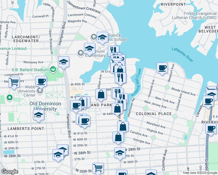 map of restaurants, bars, coffee shops, grocery stores, and more near 818 West 49th Street in Norfolk